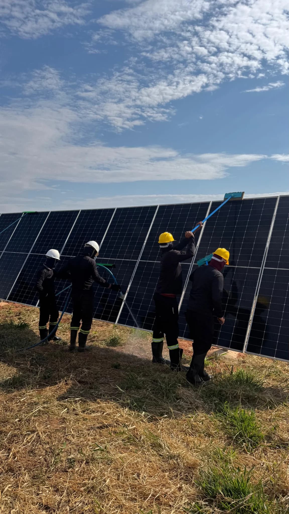 Equipe em campo lavando os módulos fotovoltaicos